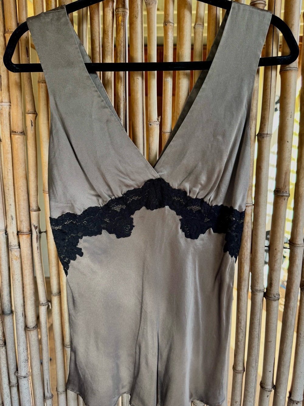 Sleeveless V-Neck 100% Silk Blouse with Black Lace Trim